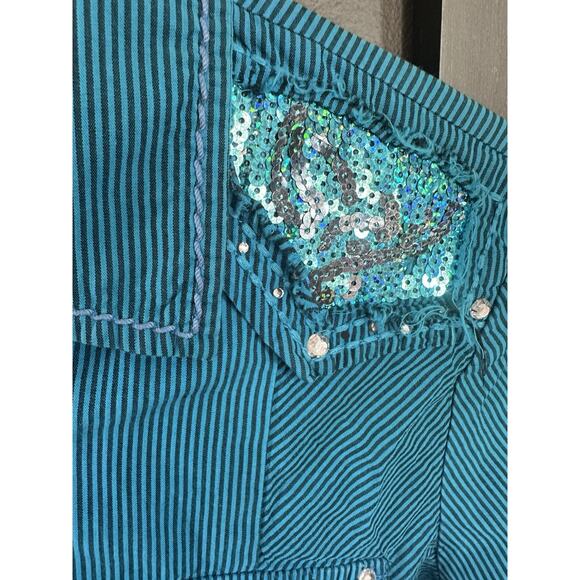 Roar Women’s Western Blue Shirt - Sequined And Pearl Snaps, See Notes - Picture 4 of 14